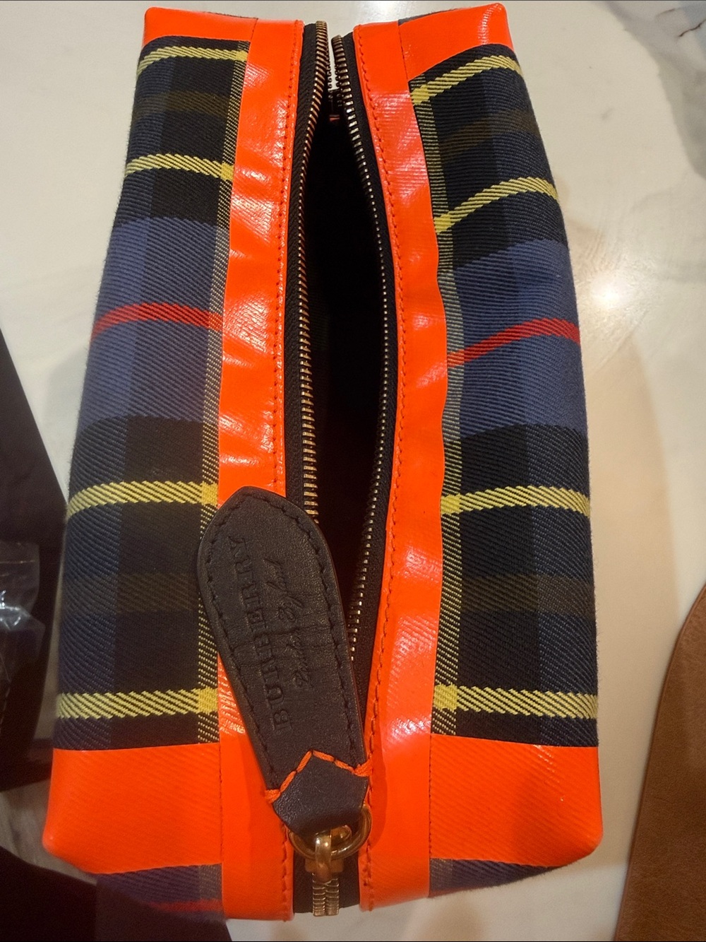 Burberry Orange Trim Navy Plaid Toiletry Pouch